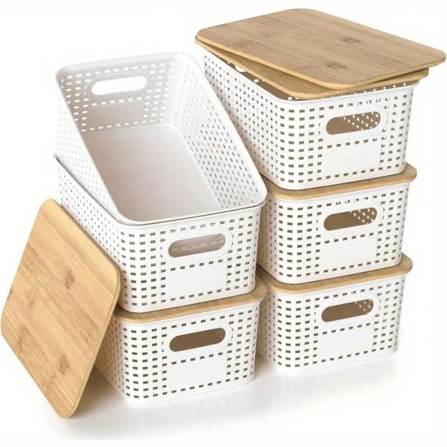 Drawer Organizer Bamboo - 6 Pack Stackable Storage Bins with